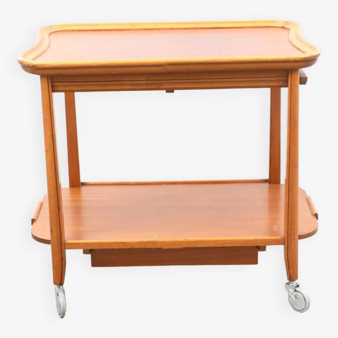 Table desserte vintage à roulettes en bois et verre – plateau amovible, années 60 - Furniture 1960