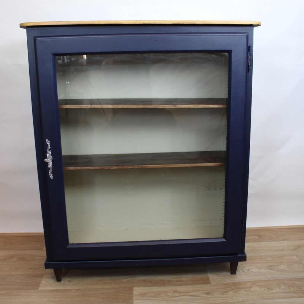 Bibliothèque basse vitrée vintage bleu nuit, années 1950