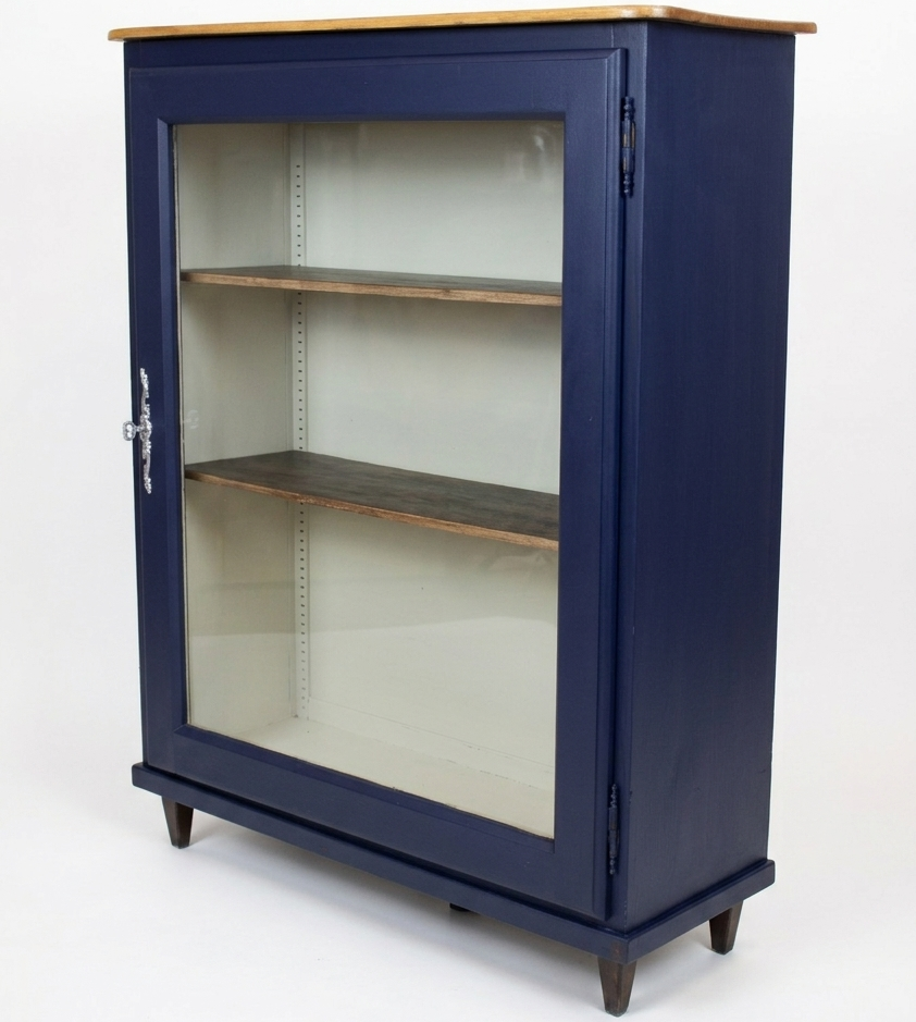 Bibliothèque basse vitrée vintage bleu nuit, années 1950