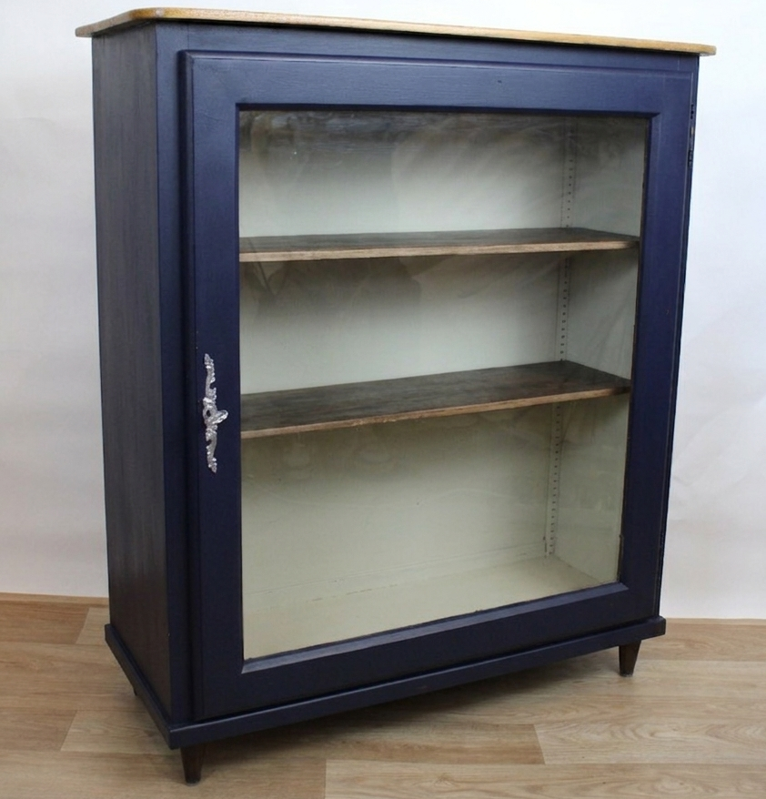 Bibliothèque basse vitrée vintage bleu nuit, années 1950