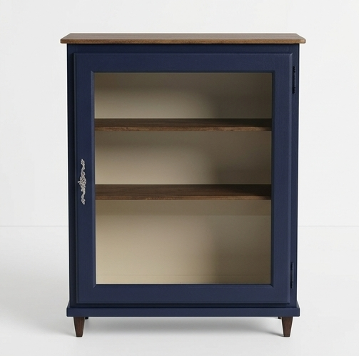 Bibliothèque basse vitrée vintage bleu nuit, années 1950