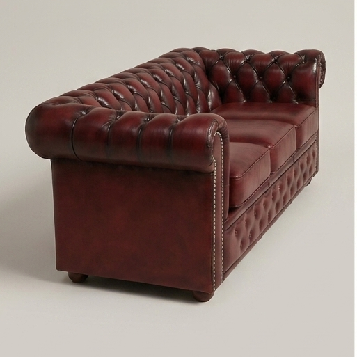 Canapé Chesterfield vintage 3 places en cuir bourgogne - structure en teck, années 60