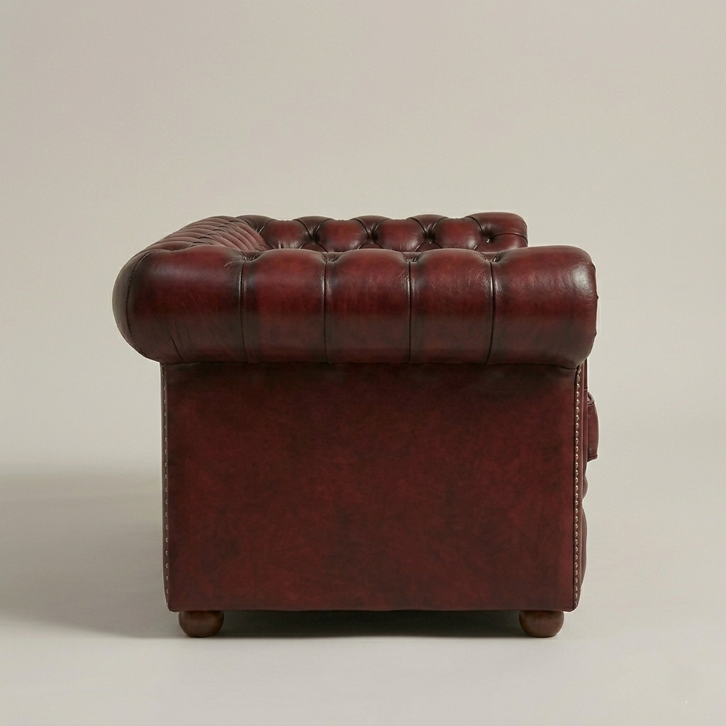 Canapé Chesterfield vintage 3 places en cuir bourgogne - structure en teck, années 60