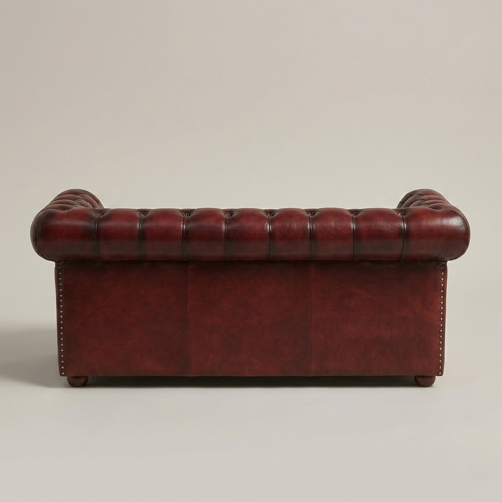 Canapé Chesterfield vintage 3 places en cuir bourgogne - structure en teck, années 60