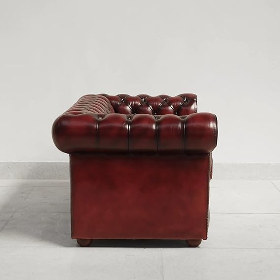 Fauteuil Chesterfield vintage en cuir bourgogne - structure en teck, années 60