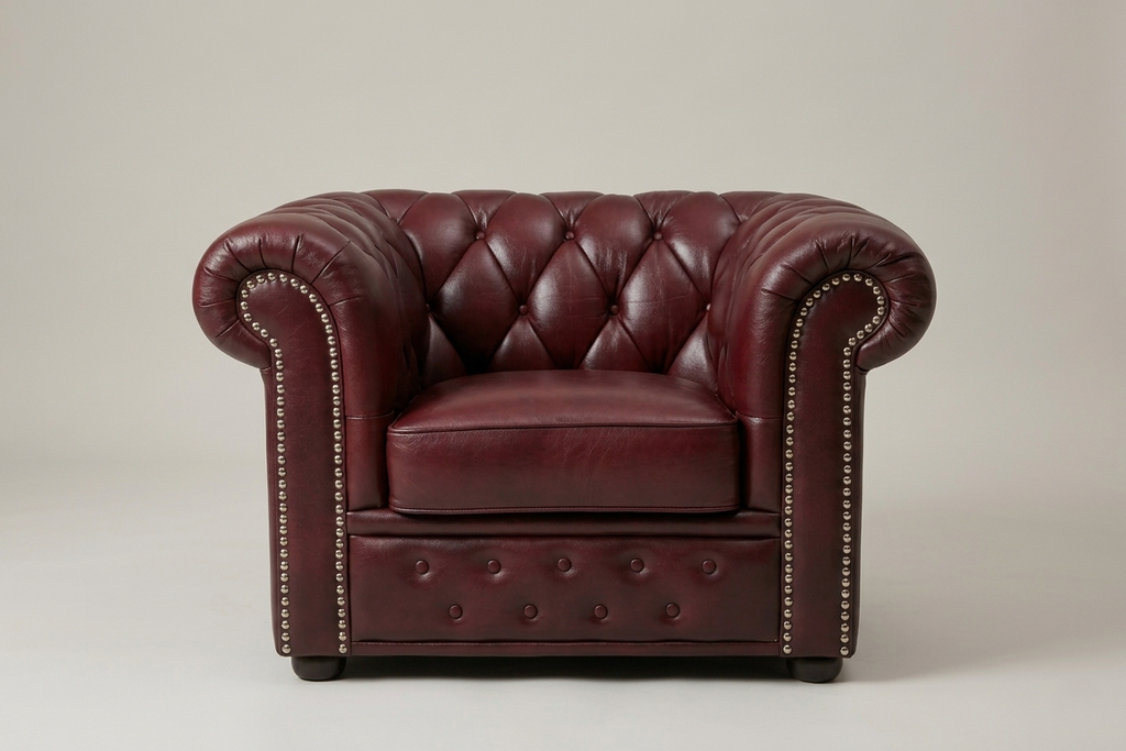 Fauteuil Chesterfield vintage en cuir bourgogne - structure en teck, années 60