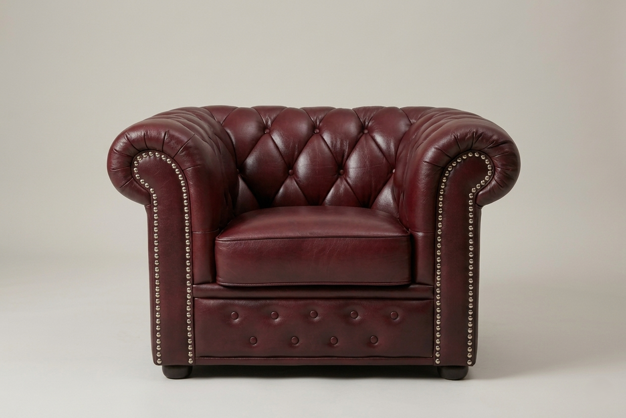Fauteuil Chesterfield vintage en cuir bourgogne - structure en teck, années 60