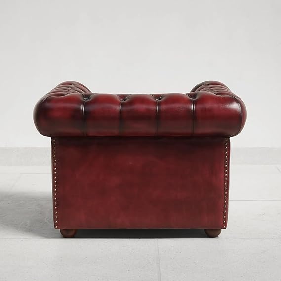 Fauteuil Chesterfield vintage en cuir bourgogne - structure en teck, années 60