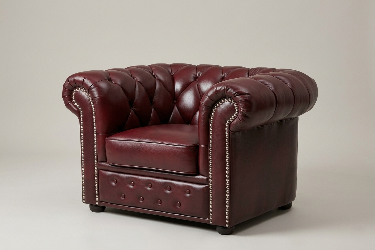 Fauteuil Chesterfield vintage en cuir bourgogne - structure en teck, années 60