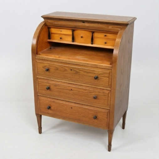 Secrétaire commode à volet roulant vintage en chêne - 80 cm, années 50