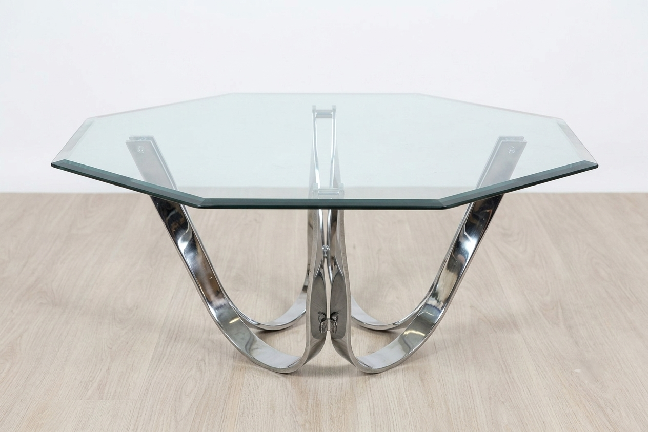 Table Basse Roger Sprunger pour Dunbar en Verre et Acier Chromé, Années 60