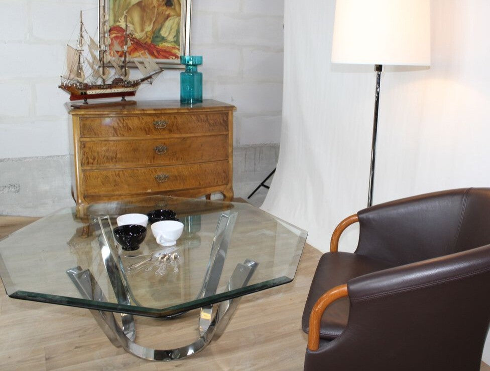 Table Basse Roger Sprunger pour Dunbar en Verre et Acier Chromé, Années 60