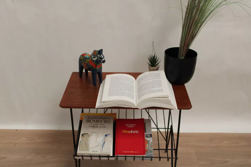 Table basse vintage Stringboard en teck et fils d'acier – Suède, 1950 - Furniture 1960