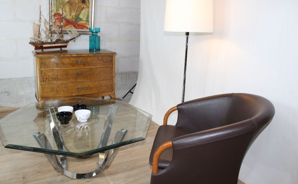 Table basse vintage verre et chrome – Roger Spunger pour Dunbar, 1960 - Furniture 1960