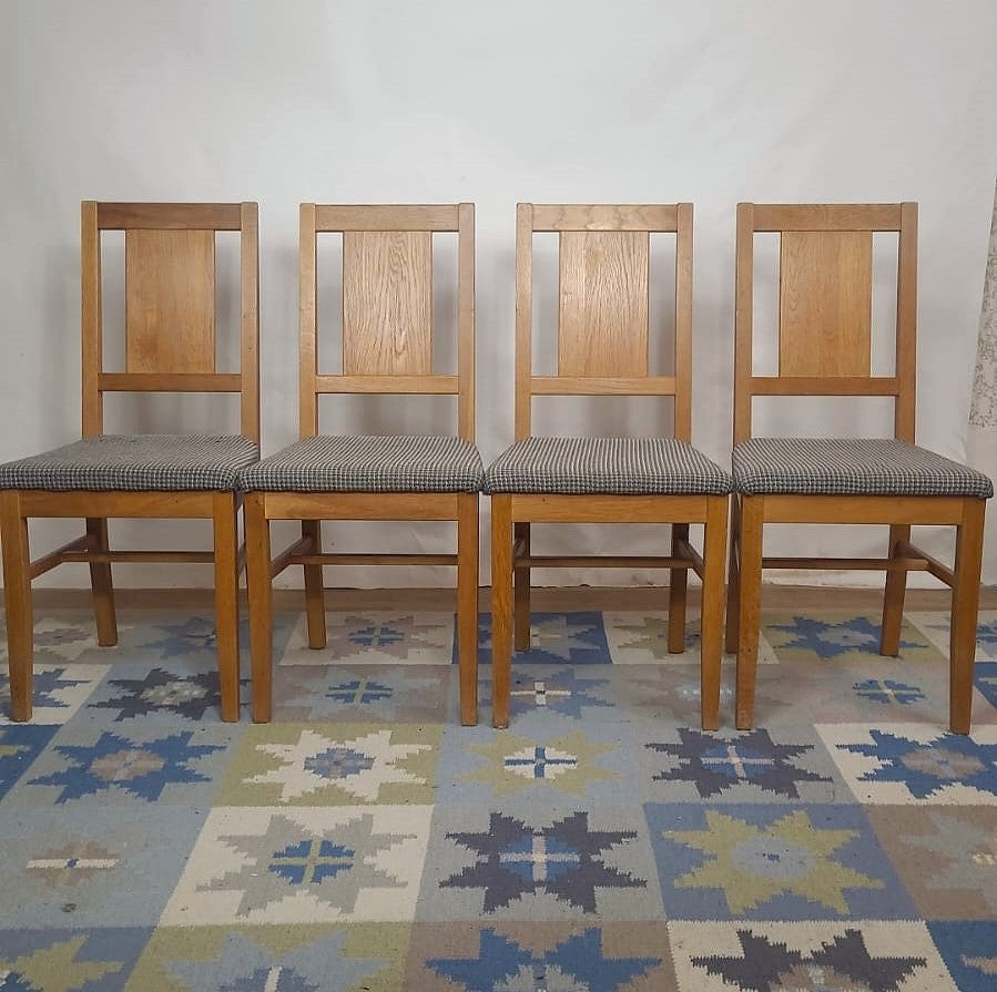 Lot 4 de chaises Brutalistes en chêne et tissu à carreaux, Danemark, années 1960 - Furniture 1960